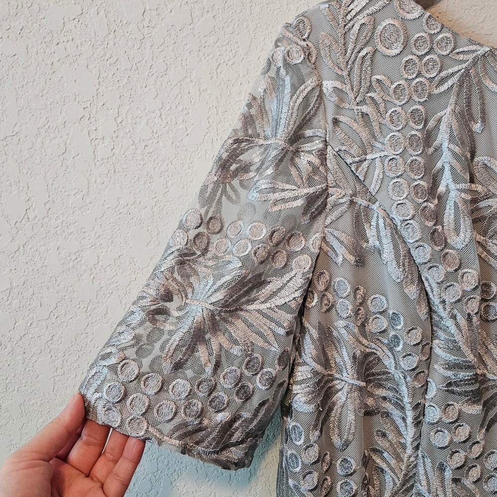 Alex Evenings Silver Gray Embroidered Lace Cowl Back Formal Dress 14 - Picture 4 of 10